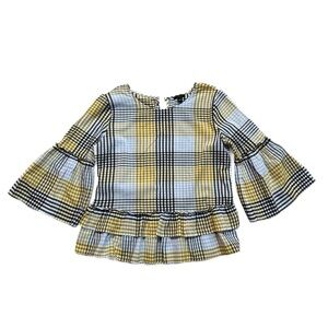 ANN TAYLOR ~ Yellow and Blue Plaid Top with Bell Sleeves and Ruffle Bottom